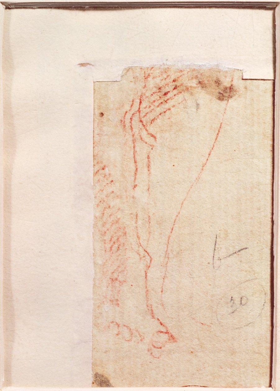 Tutkimus Kristuksen ristille naulattuista jaloista (punainen liitu paperille) (käänteinen) tekijältä Michelangelo Buonarroti