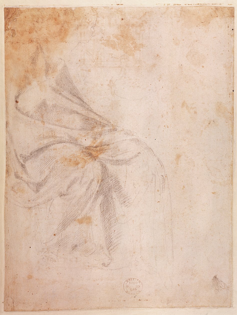 Study of Drapery (musta liitu paperille) n. 1516 (käänteinen) (katso suoraan 191775) tekijältä Michelangelo Buonarroti