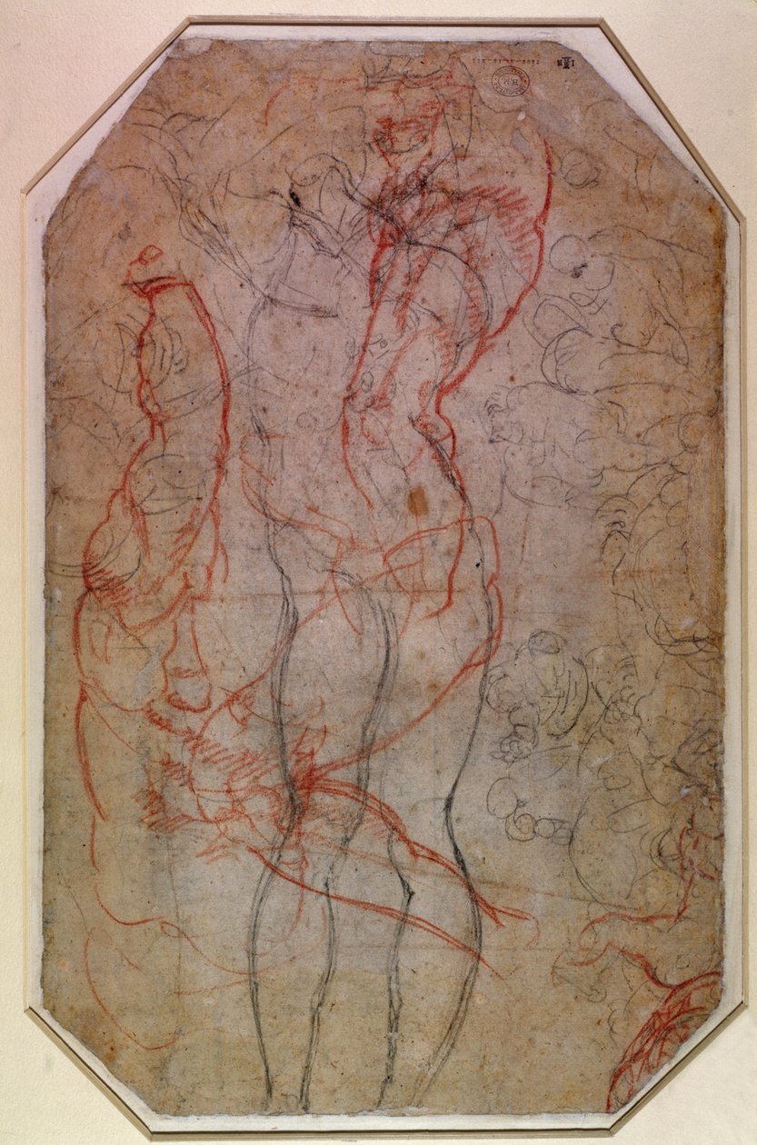 Figuurien ja Aadamin luomisen tutkimus (kynä ja punainen liitu paperille) (käänteinen) tekijältä Michelangelo Buonarroti