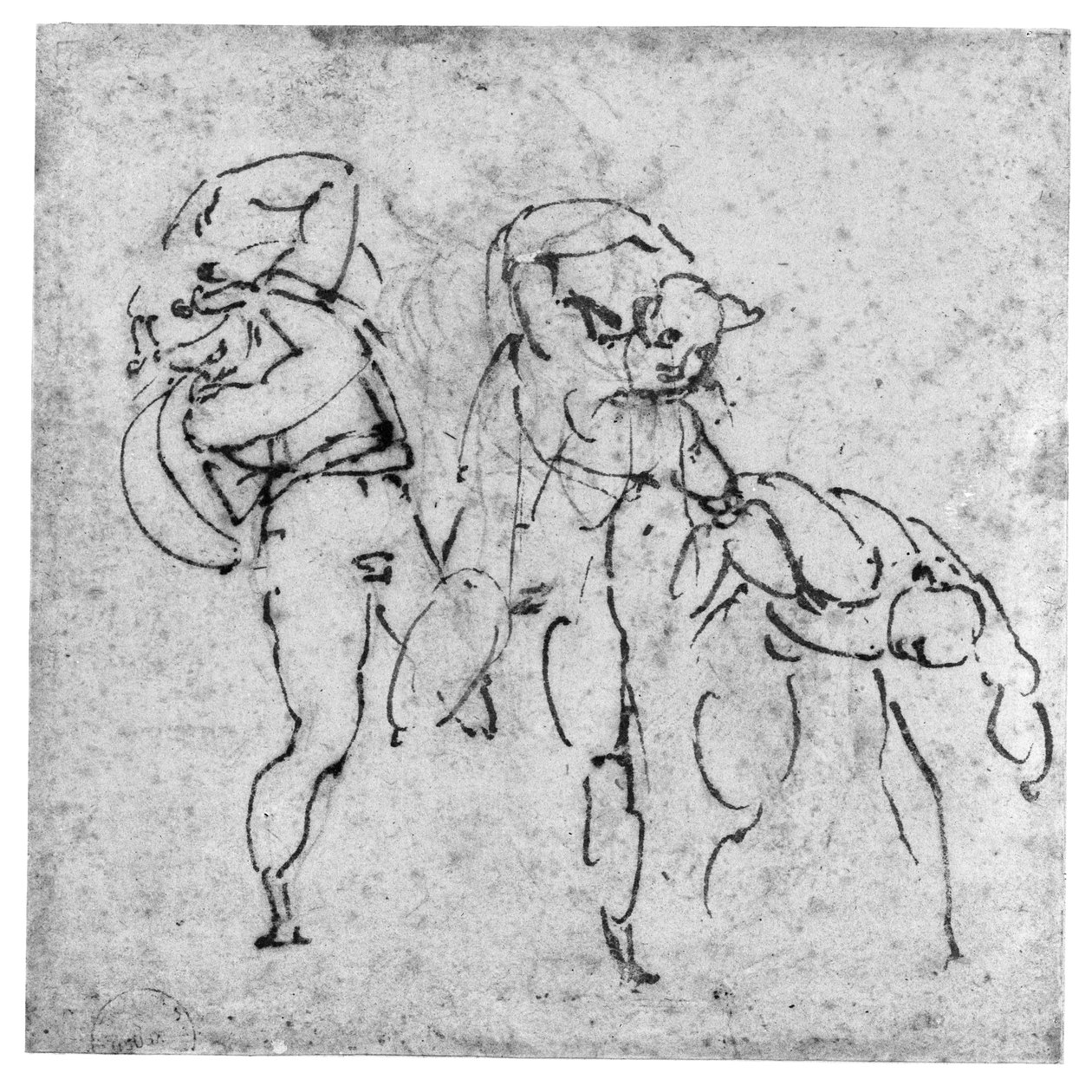 Tutkimus kolmesta hahmosta, n. 1517-20 (kynä ja ruskea muste lyijypisteen päällä luonnonvalkoisella paperilla) tekijältä Michelangelo Buonarroti