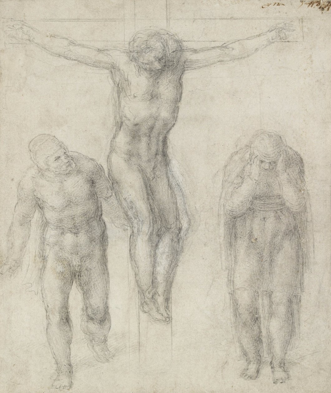Tutkimus ristiinnaulitusta Kristuksesta ja kahdesta hahmosta, n. 1560 (liitu paperille) tekijältä Michelangelo Buonarroti