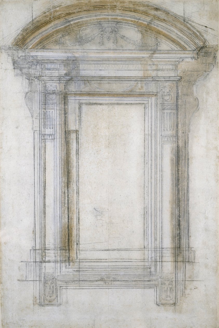 Tutkimus ikkunasta, jossa on puolipyöreä pääty, n. 1546 (musta liitu ja pesu paperille) tekijältä Michelangelo Buonarroti