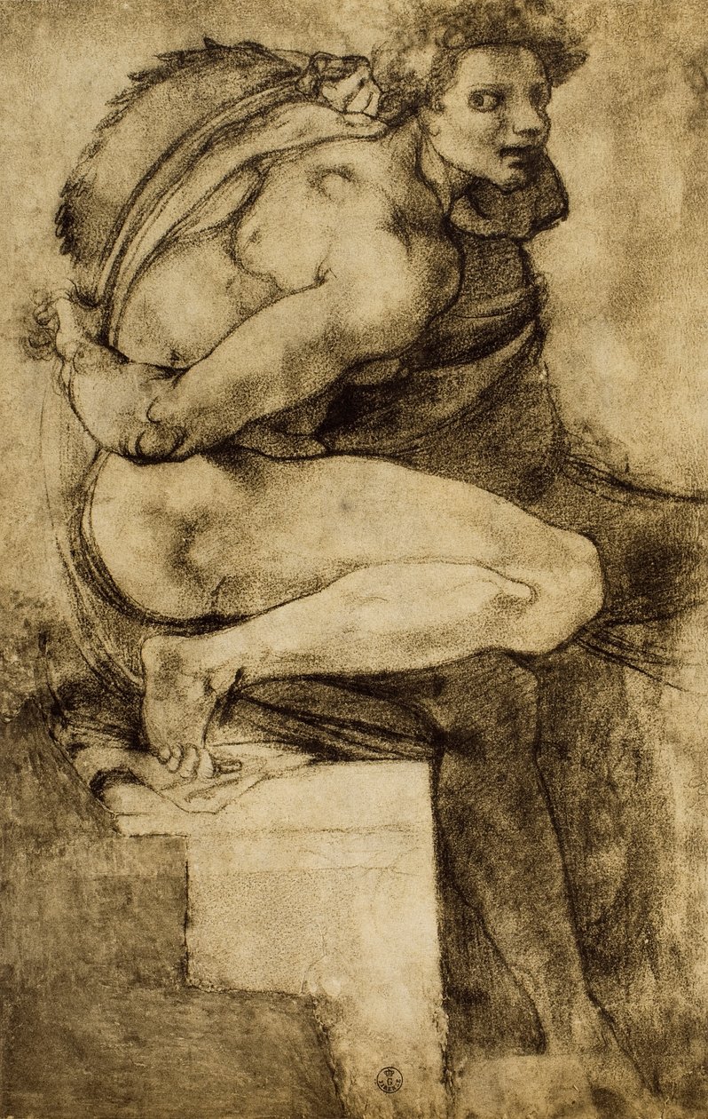 Tutkimus miesalastosta, jolla on koukussa jalka, Michelangelon piirustus. Piirustus- ja grafiikkakaappi, Uffizi, Firenze tekijältä Michelangelo Buonarroti