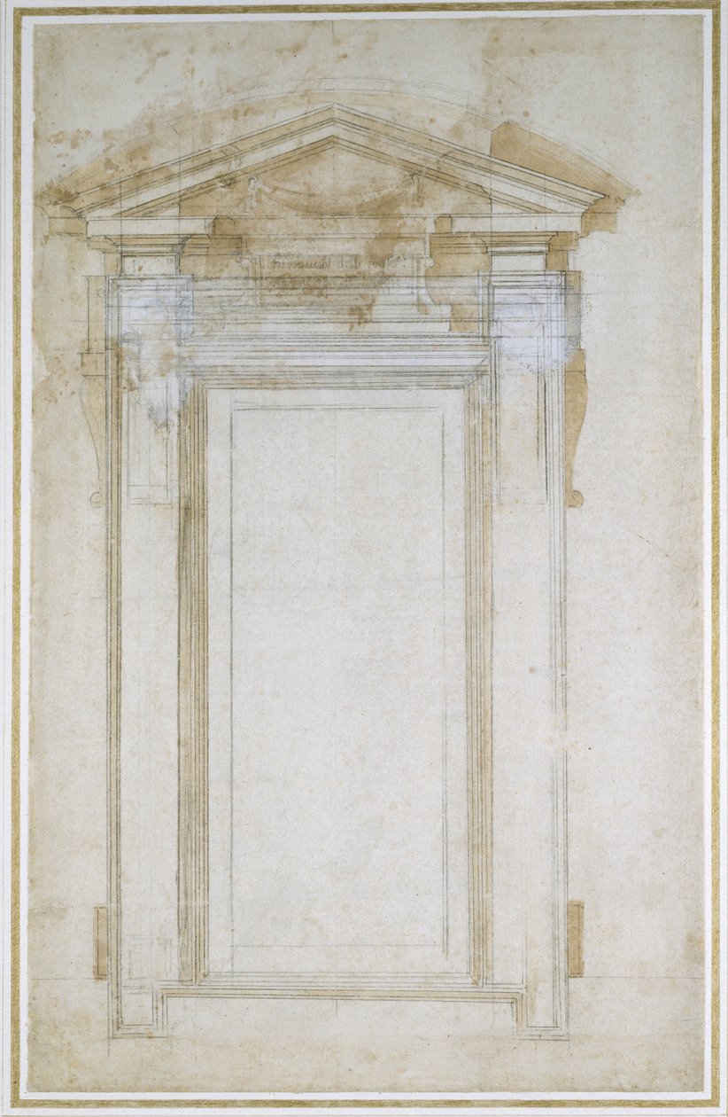 Tutkimus ikkunasta, jossa on kolmionmuotoinen harjakatto, noin 1546 (musta liitu, pesu, kynä ja muste paperille). tekijältä Michelangelo Buonarroti