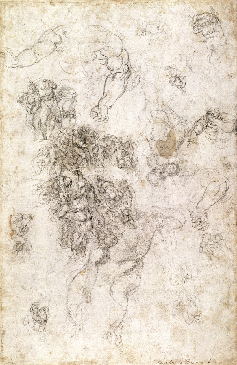 Tutkimus "Viimeisen tuomion" hahmoista taiteilijan allekirjoituksella, 1536-41 (hiili paperilla) (recto) tekijältä Michelangelo Buonarroti