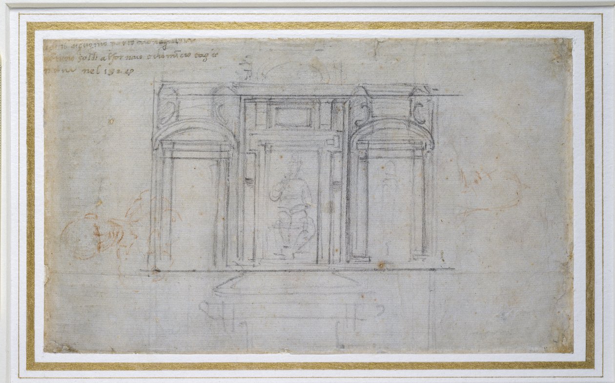 Tutkimus Medici-haudan ylemmästä tasosta, 15201 (musta ja punainen liitu paperilla) tekijältä Michelangelo Buonarroti