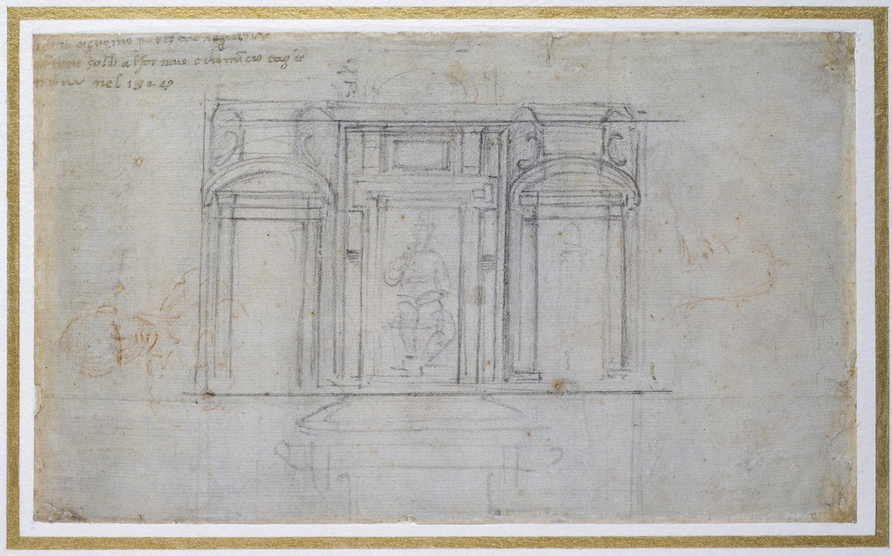 Tutkimus Medici-haudan ylätasosta, n. 1520 (musta ja punainen liitu paperilla) tekijältä Michelangelo Buonarroti