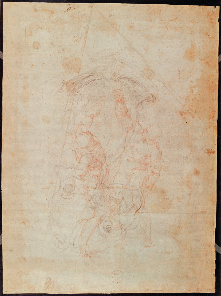 Tutkimus kahdesta mieshahmosta (punainen liitu paperille) (käänteinen) tekijältä Michelangelo Buonarroti