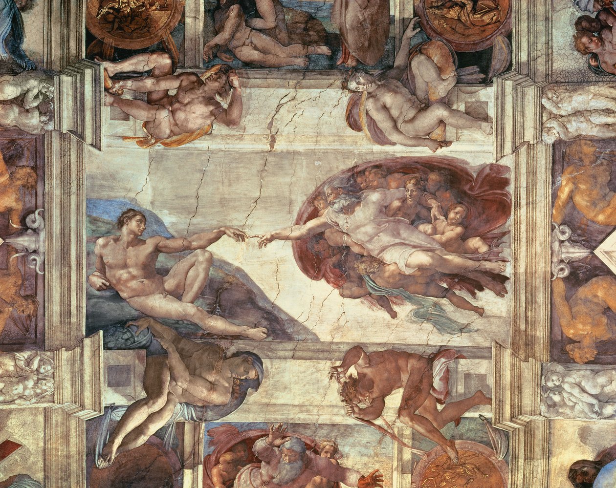Aatamin luominen, yksityiskohta Sikstuksen katosta, 1511-12. tekijältä Michelangelo Buonarroti