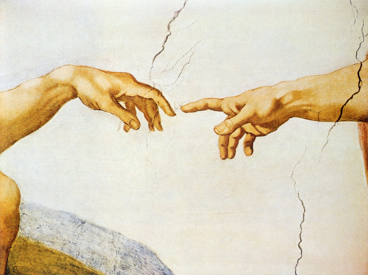 Aadamin luominen, Sikstuksen katosta, 1510 (yksityiskohta) tekijältä Michelangelo Buonarroti