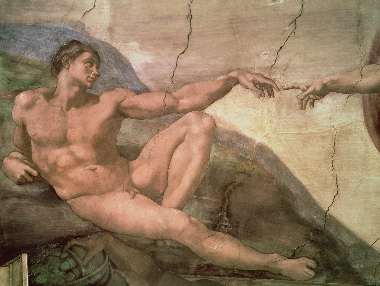 Aadamin luominen, Sikstuksen katosta, 1511 (ennallistaminen) tekijältä Michelangelo Buonarroti