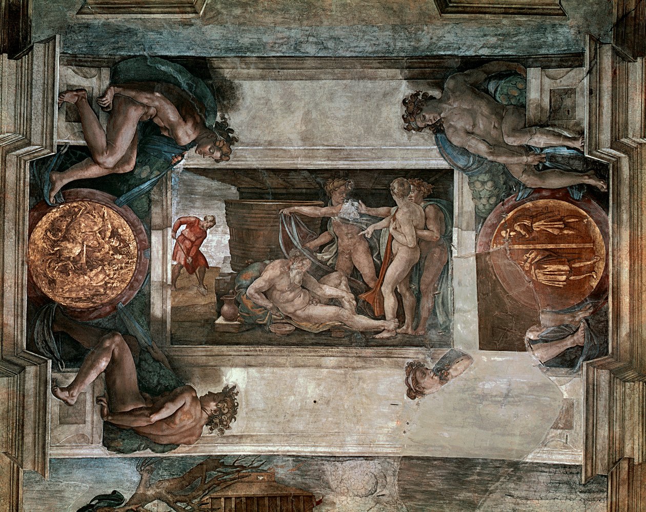 Nooan juoppo, yksityiskohta Sikstuksen kappelin katosta, 1508-1212 tekijältä Michelangelo Buonarroti