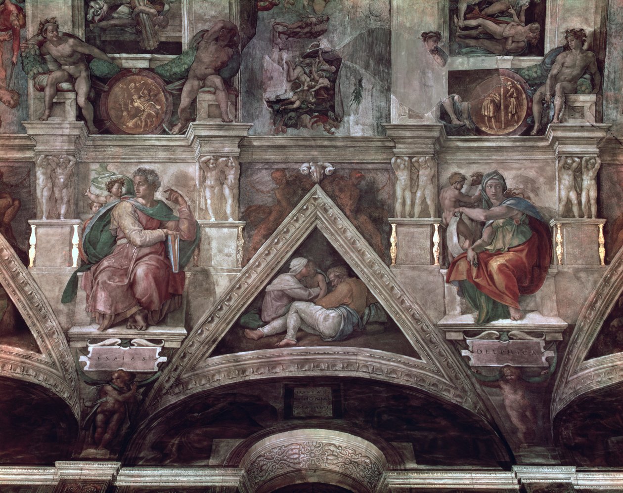 Sikstuksen kappelin katto (1508-12): Profeetta Jesaja ja Delphic Sibyl (ennallistamista edeltävä) tekijältä Michelangelo Buonarroti