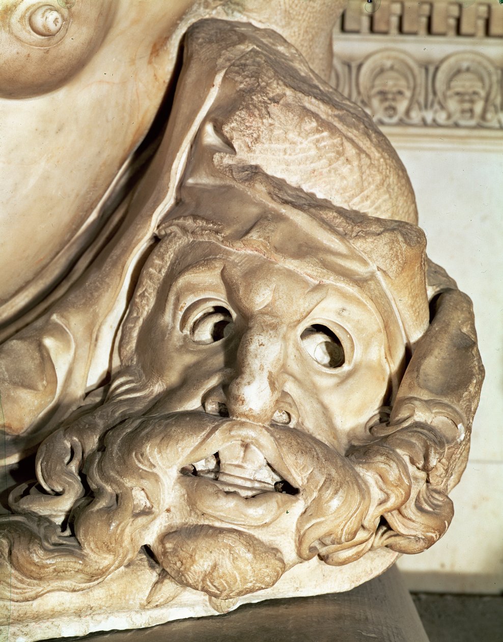 Giuliano de Medicin hauta 1478-1516 yksityiskohta traagisesta naamiosta Yön käsivarren alla, 1520-34 marmoria tekijältä Michelangelo Buonarroti