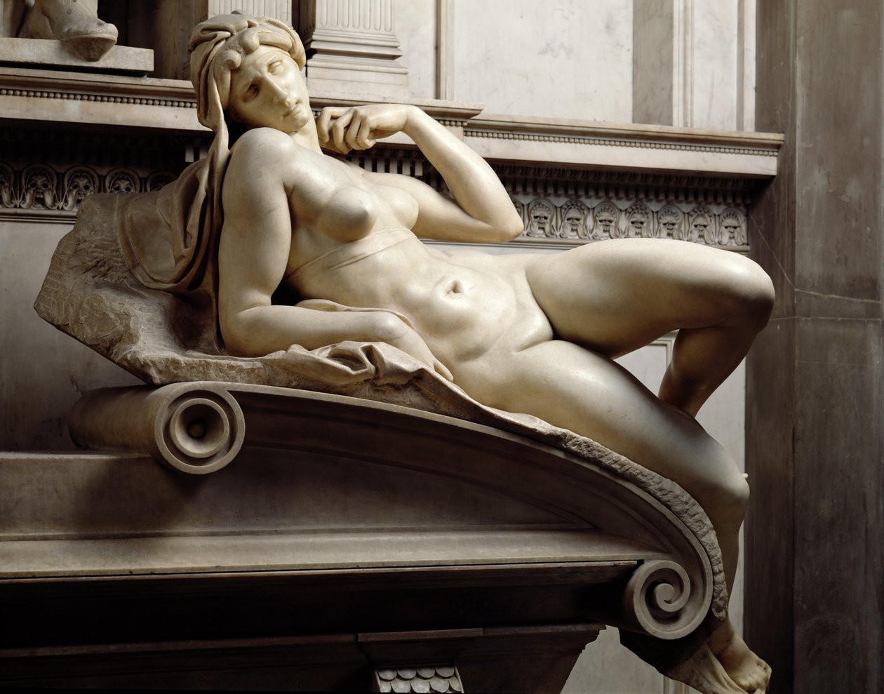Lorenzo de Medicin hauta 1449-92 Yksityiskohta aamunkoitosta, 1520-24 marmori tekijältä Michelangelo Buonarroti