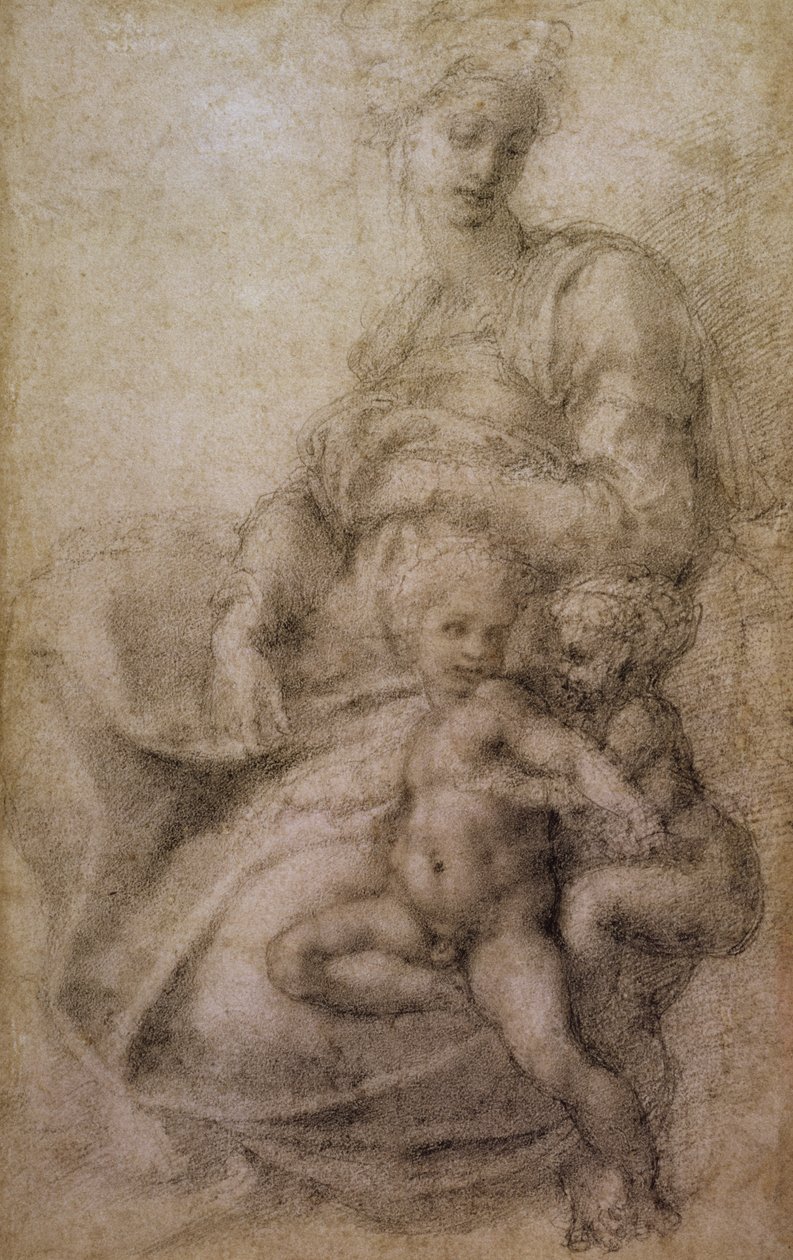 Neitsyt ja lapsi vauvakastajan kanssa, n. 1530 (musta liitu paperille) tekijältä Michelangelo Buonarroti