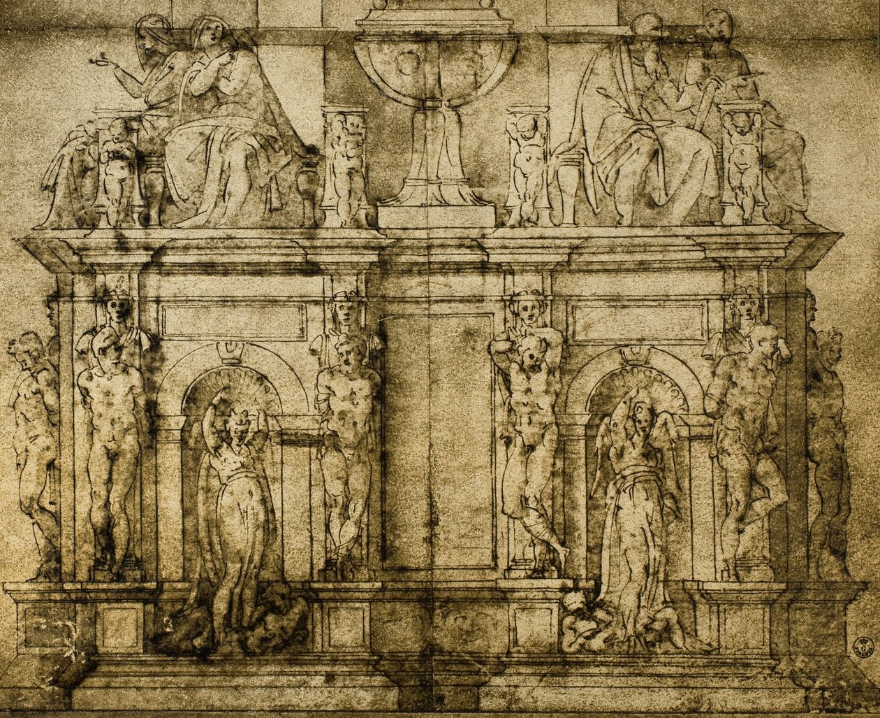 Paavi Julius II:n hauta, Michelangelon valmistava piirustus, Piirustus- ja grafiikkakaappi, Uffizi-galleria, Firenze tekijältä Michelangelo Buonarroti