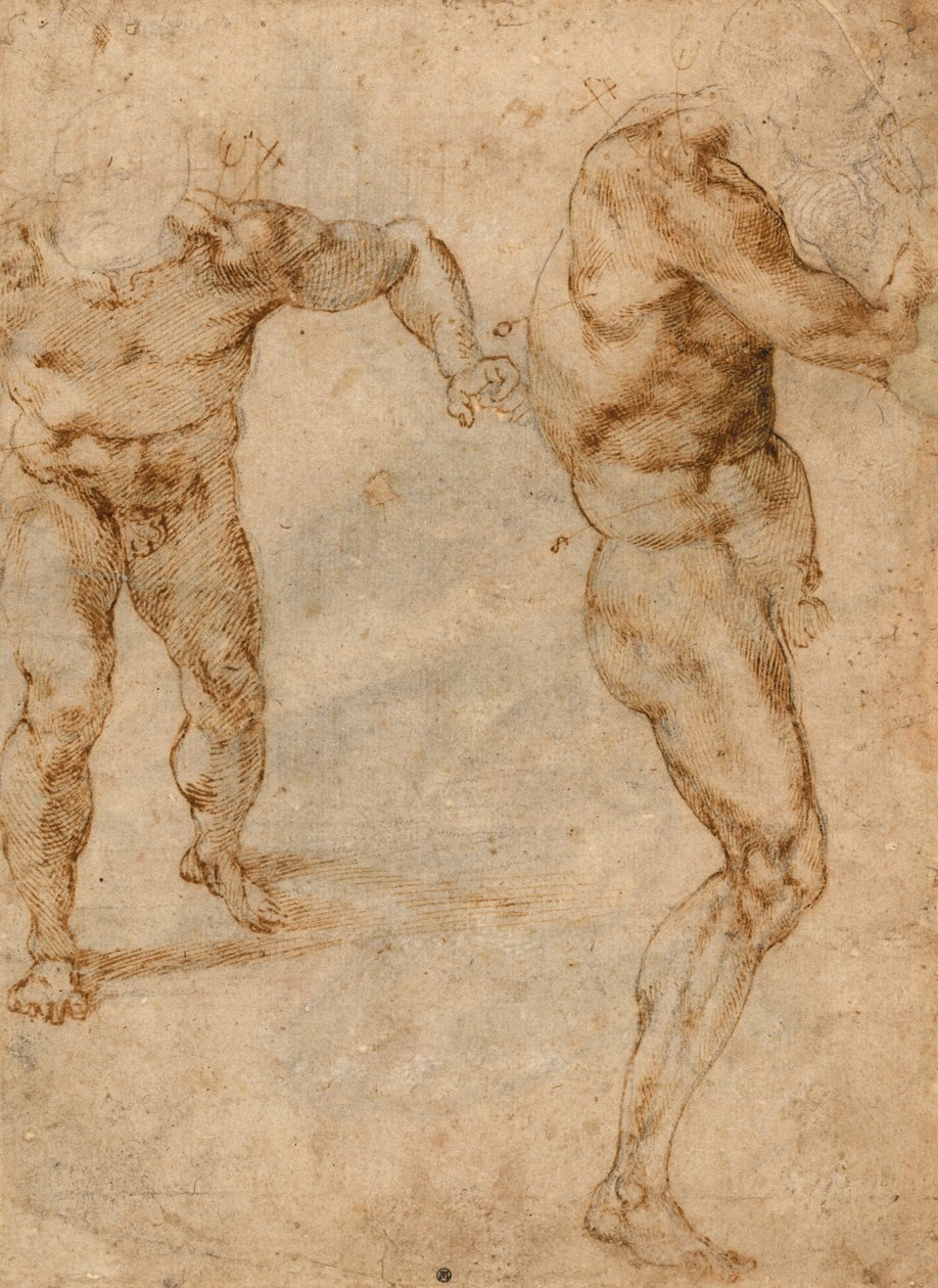 Kaksi alastutkimusta miehestä, joka hyökkää eteenpäin ja toinen kääntyy oikealle (verso), n. 1504 tekijältä Michelangelo Buonarroti