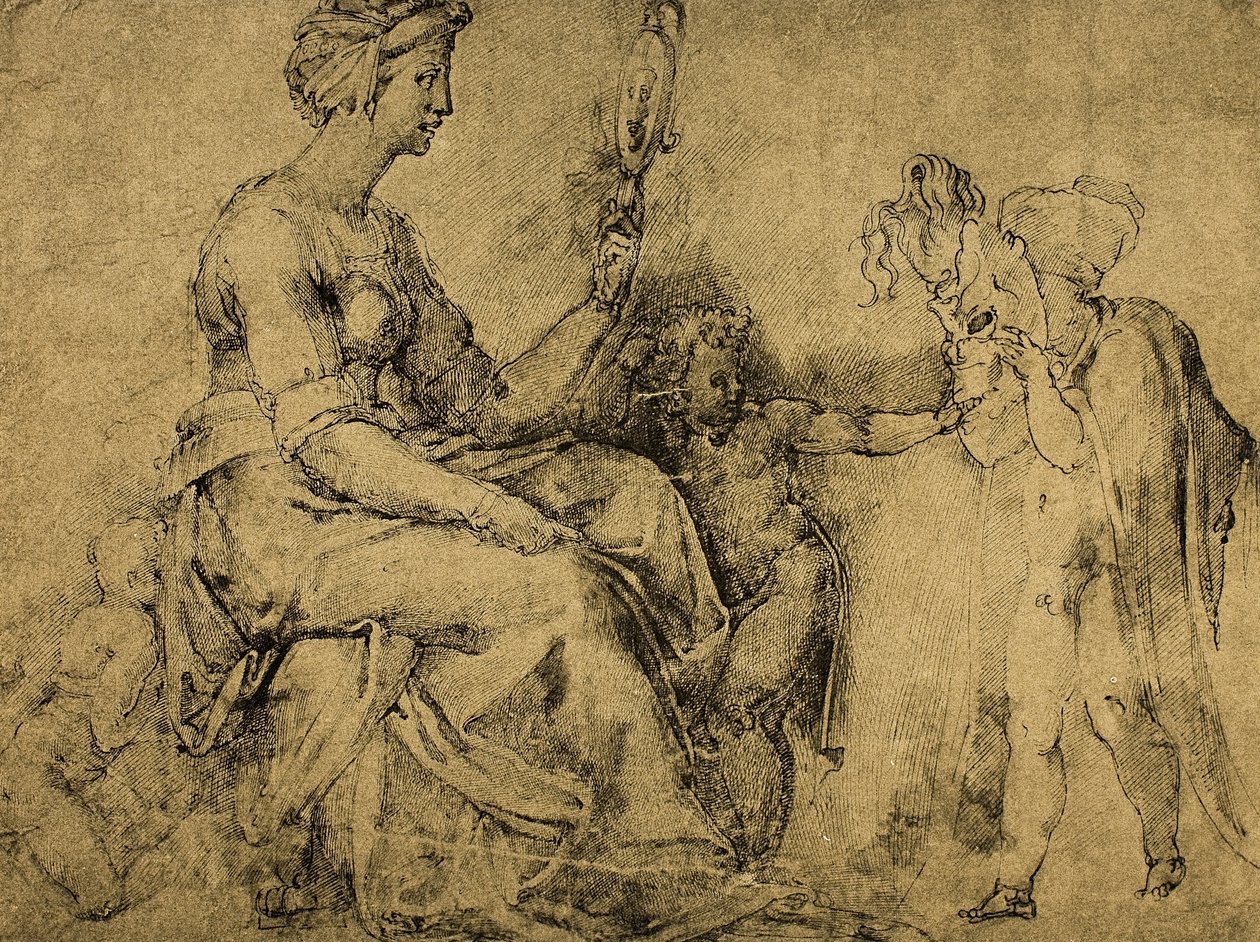 Turhamaisuus (?), Michelangelon piirustus. Piirustus- ja grafiikkakaappi, Uffizi-galleria, Firenze tekijältä Michelangelo Buonarroti