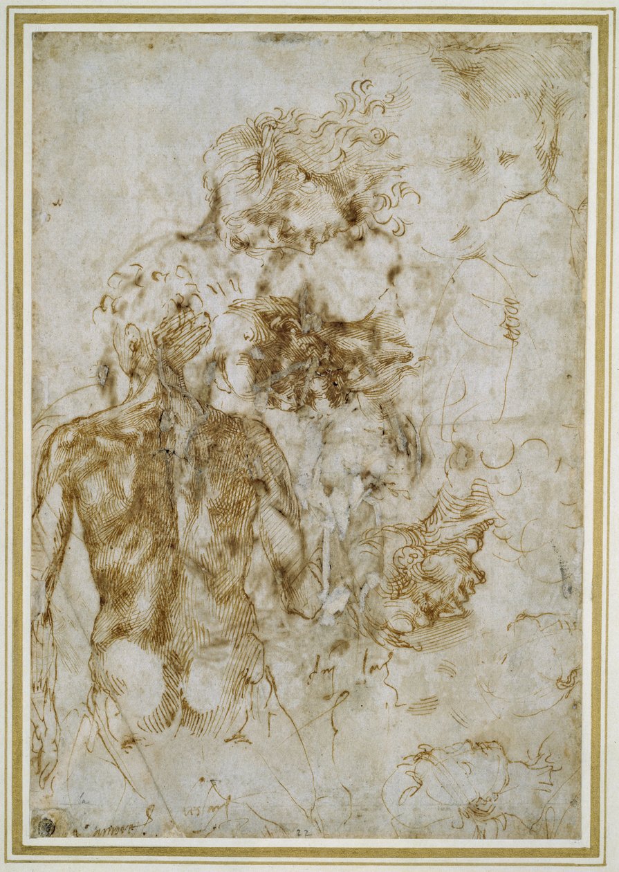 Erilaisia kuvatutkimuksia (kynä ja ruskea muste luonnonvalkoiselle paperille) tekijältä Michelangelo Buonarroti