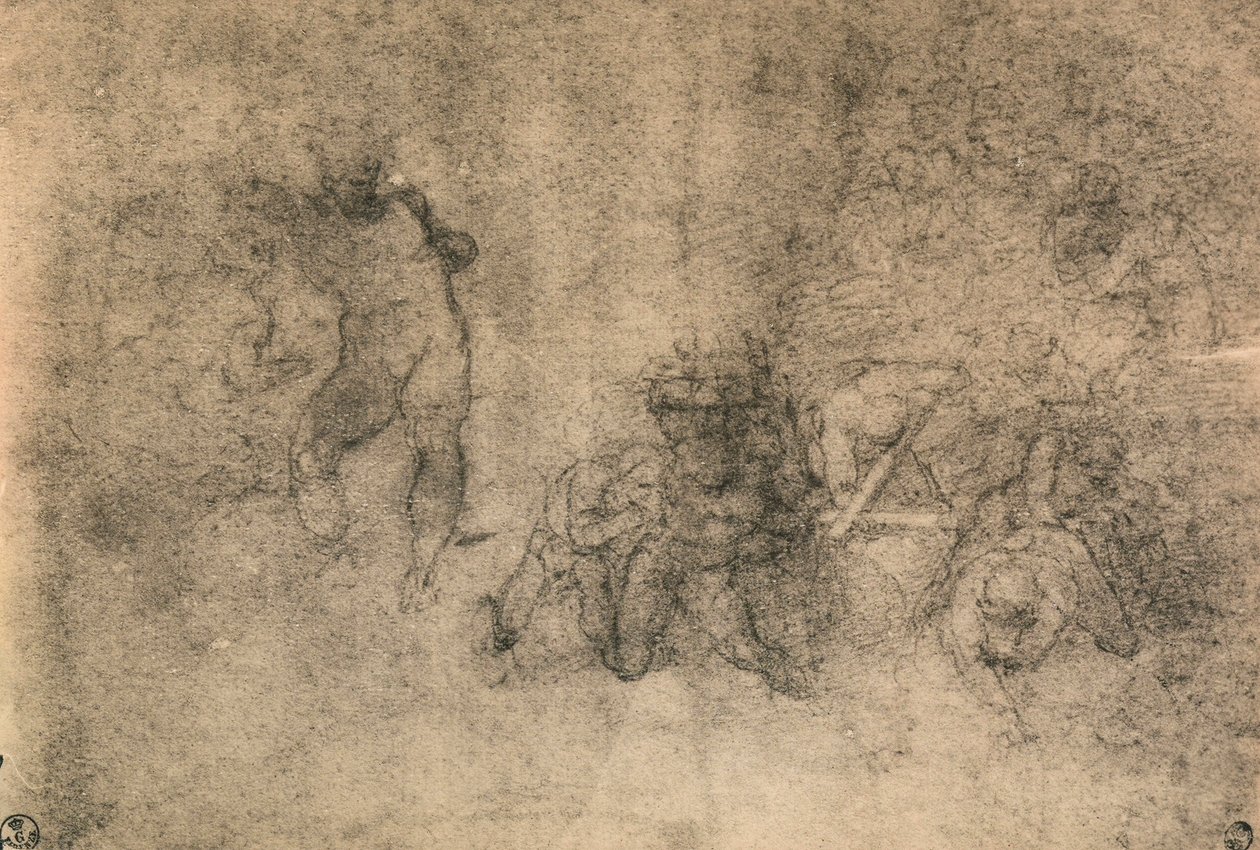 Erilaisia ​​tutkimuksia miesalastosta Michelangelosta. Piirustus- ja grafiikkakaappi, Uffizi-galleria, Firenze tekijältä Michelangelo Buonarroti