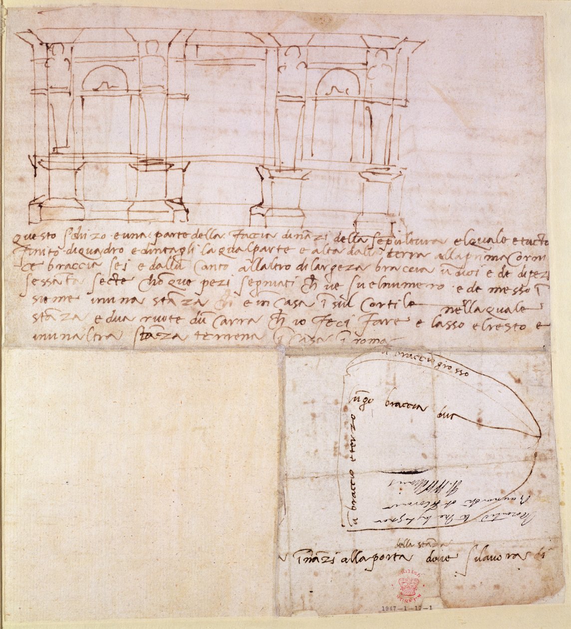 W.23r Arkkitehtoninen luonnos muistiinpanoilla (kynä ja muste) tekijältä Michelangelo Buonarroti