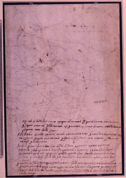 W.31 Sivu luonnoskirjasta, käsikirjoitus (muste paperille) tekijältä Michelangelo Buonarroti