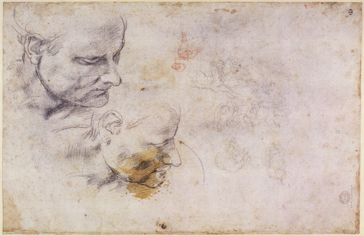 W.60 Luonnos miehen päästä, kahdessa asennossa tekijältä Michelangelo Buonarroti