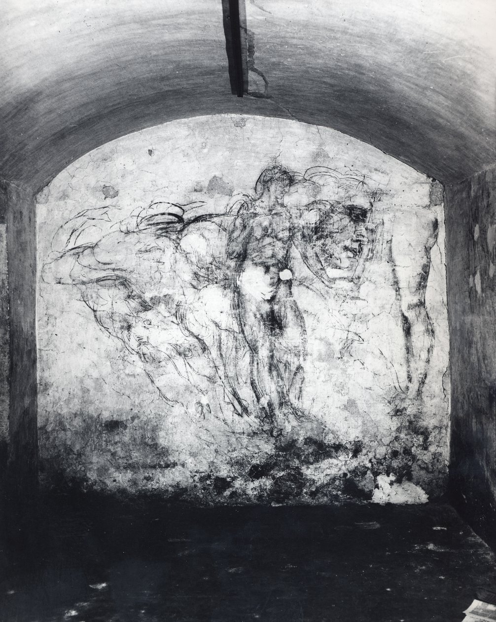 Seinäpiirros hahmoista, n. 1530 (hiili kipsille) tekijältä Michelangelo Buonarroti