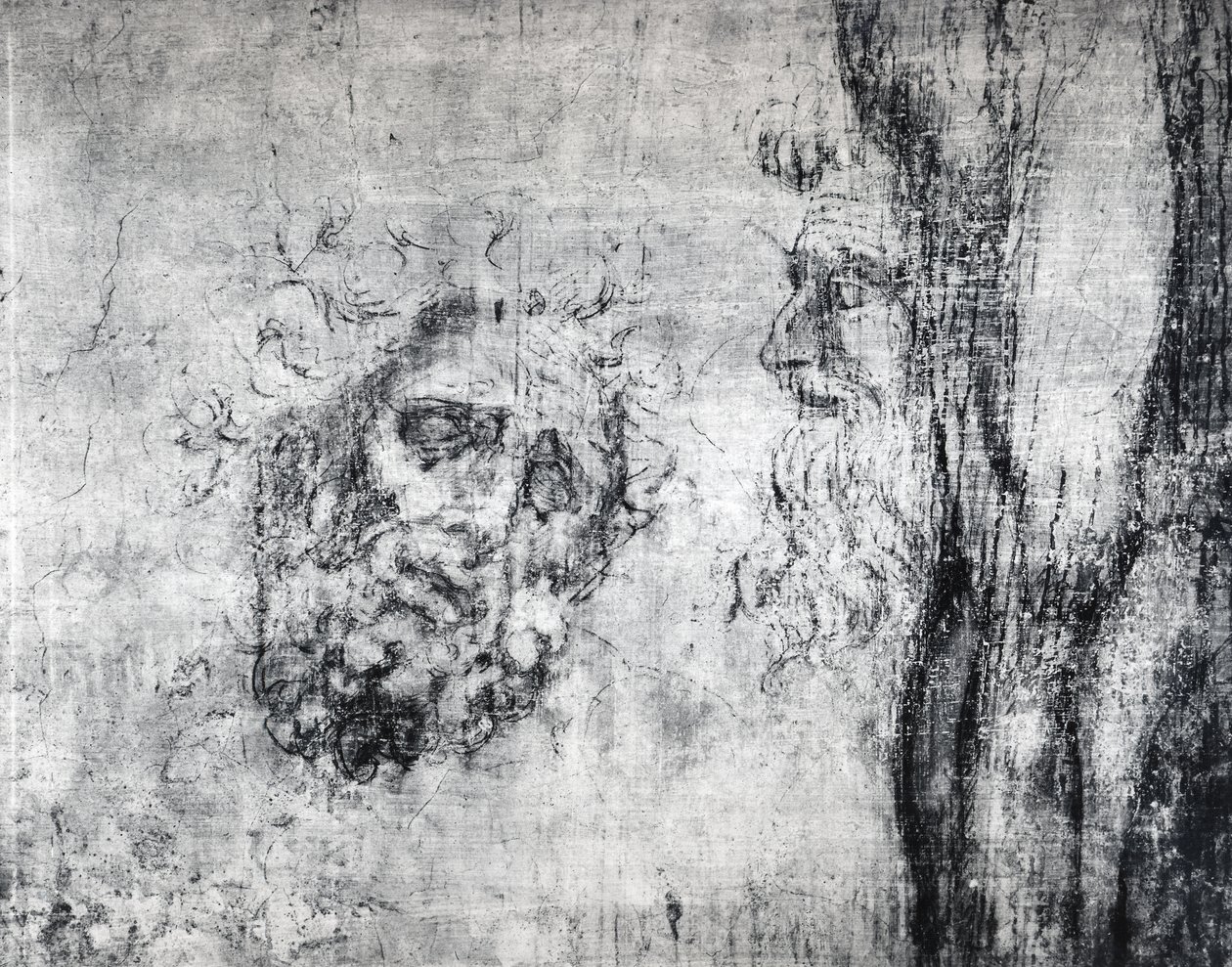 Seinäpiirros kahdesta päästä, n. 1530 (hiili kipsille) tekijältä Michelangelo Buonarroti