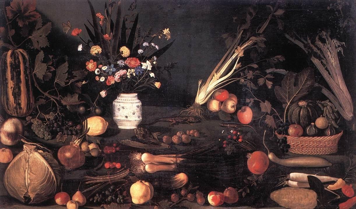 Asetelma kukilla ja hedelmillä tekijältä Michelangelo Merisi Caravaggio