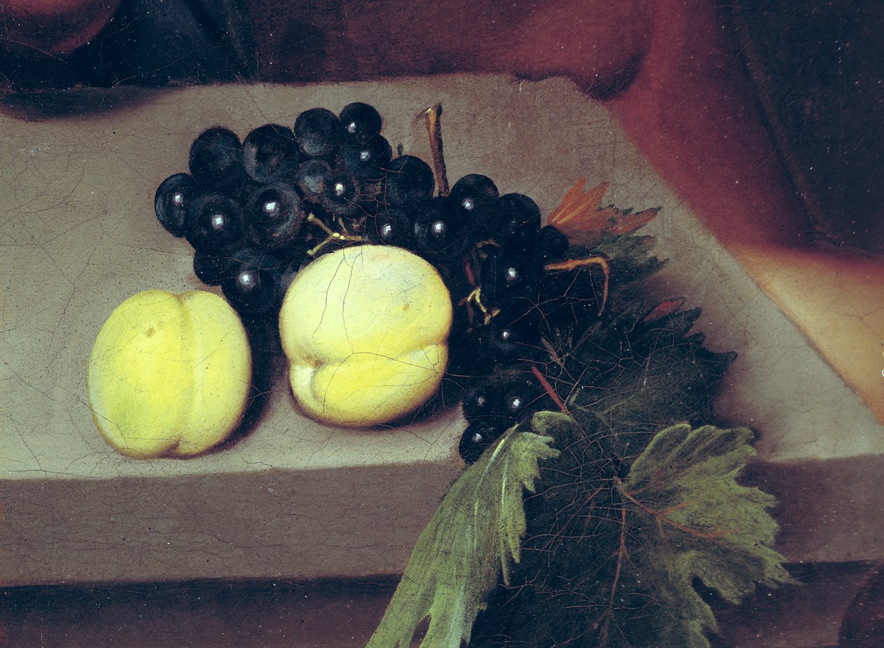 The Sick Bacchus, yksityiskohta persikoista ja viinirypäleistä, 1591 (katso 55903) tekijältä Michelangelo Merisi Caravaggio
