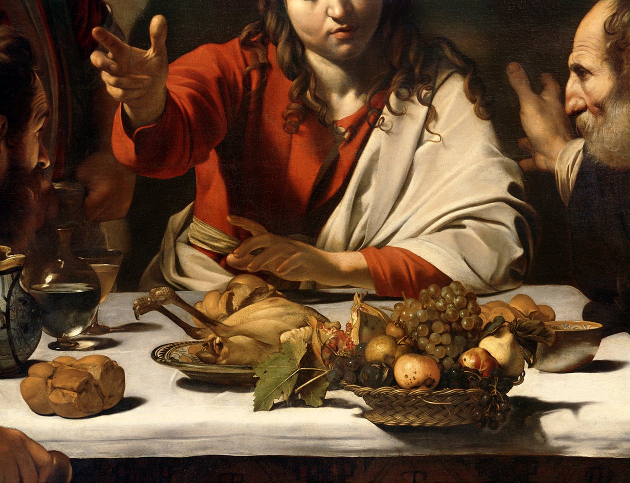 The Supper at Emmaus, 1601 (öljy ja tempera kankaalle) (yksityiskohta 928) tekijältä Michelangelo Merisi Caravaggio