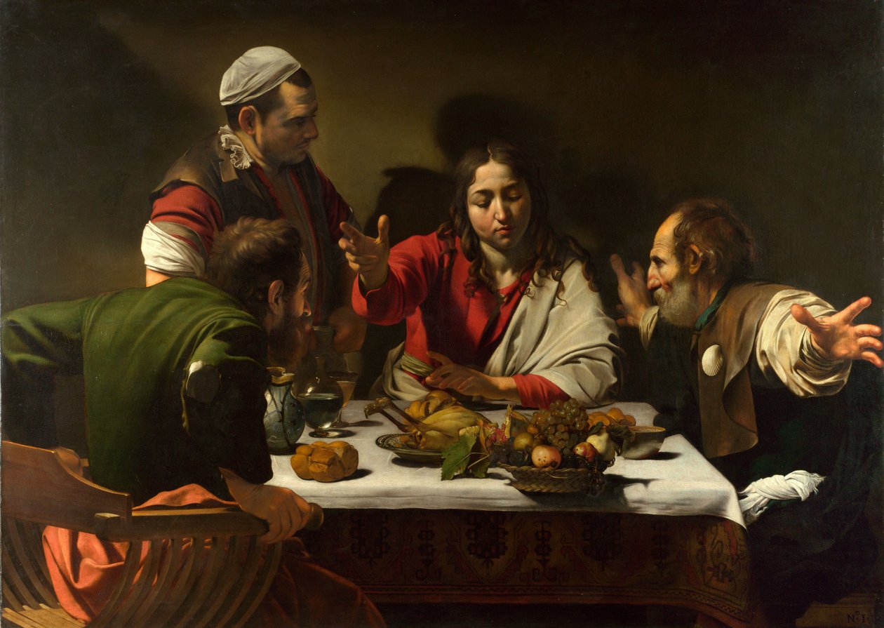 Ellallinen Emmauksessa, 1601 (öljy ja tempera kankaalle) tekijältä Michelangelo Merisi Caravaggio