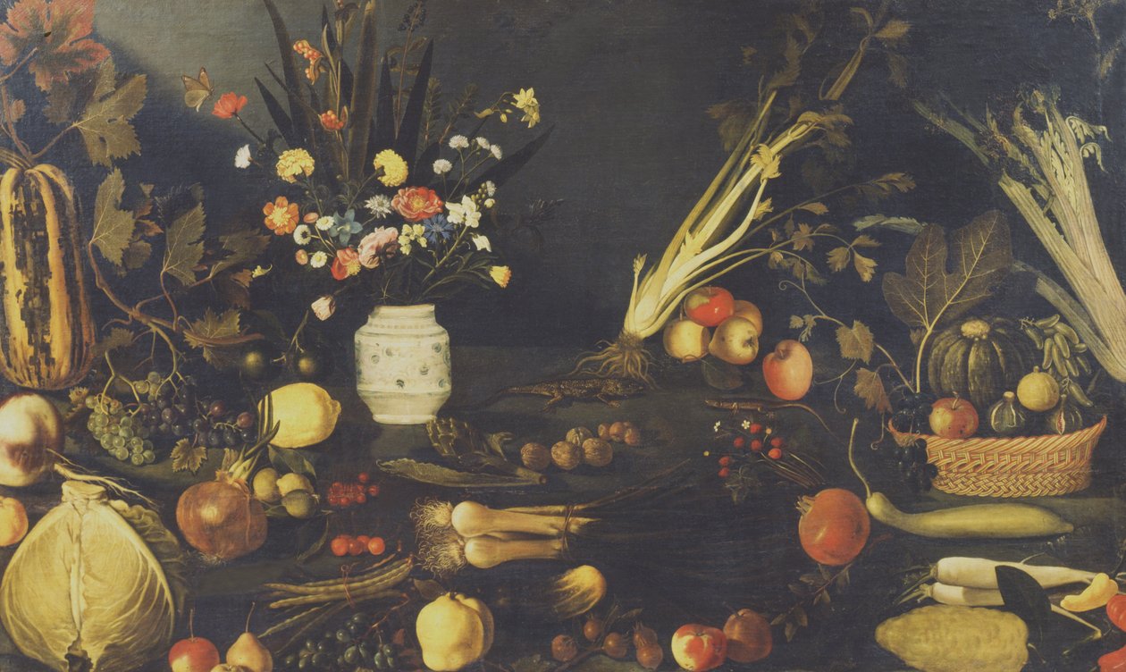 Kukkien, hedelmien ja vihannesten asetelma, n.1594 tekijältä Michelangelo Merisi Caravaggio