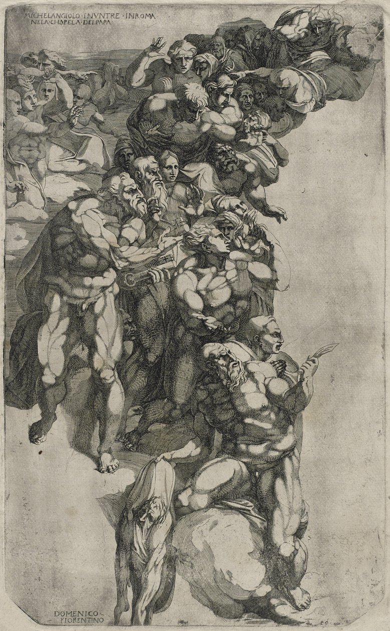 Ryhmä Michelangeloksen viimeisestä tuomiosta, kaiverrus Domenico del Barbiere, 1540-50 tekijältä Michelangelo after Buonarroti