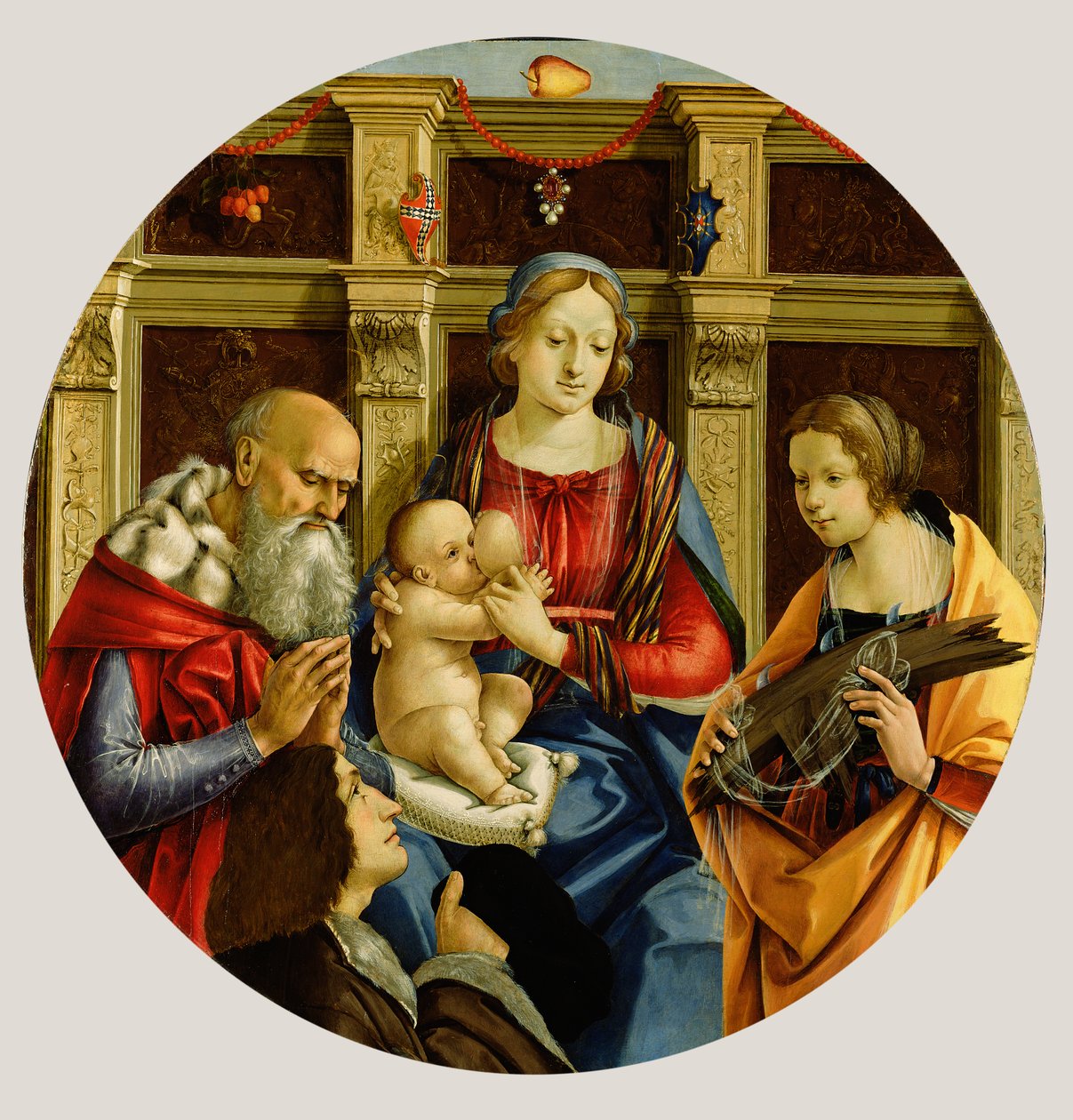 Madonna ja lapsi miespyhimyksen, Aleksandrian Katariina ja luovuttajan kanssa, n. 1500 (tempera paneelissa) tekijältä Michelangelo di Pietro Membrini