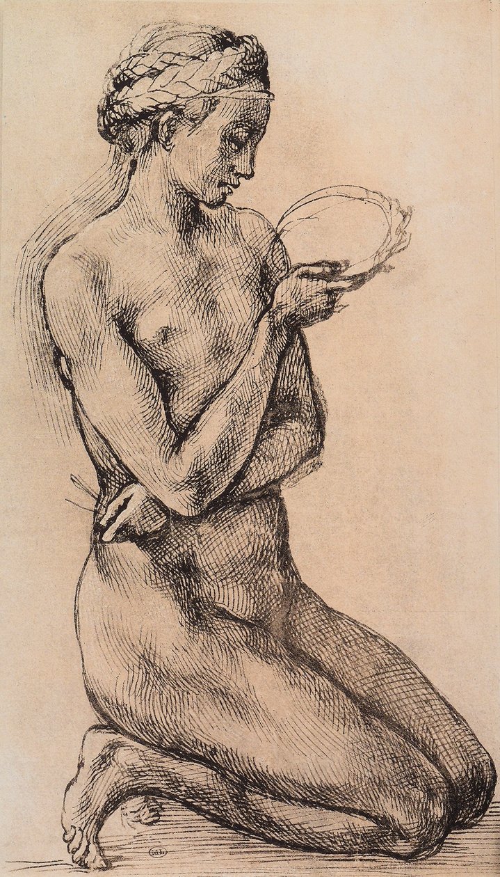 Polvistuva nainen; piirros Leonardon koulusta. Louvre, Pariisi tekijältä Michelangelo school of Buanorroti