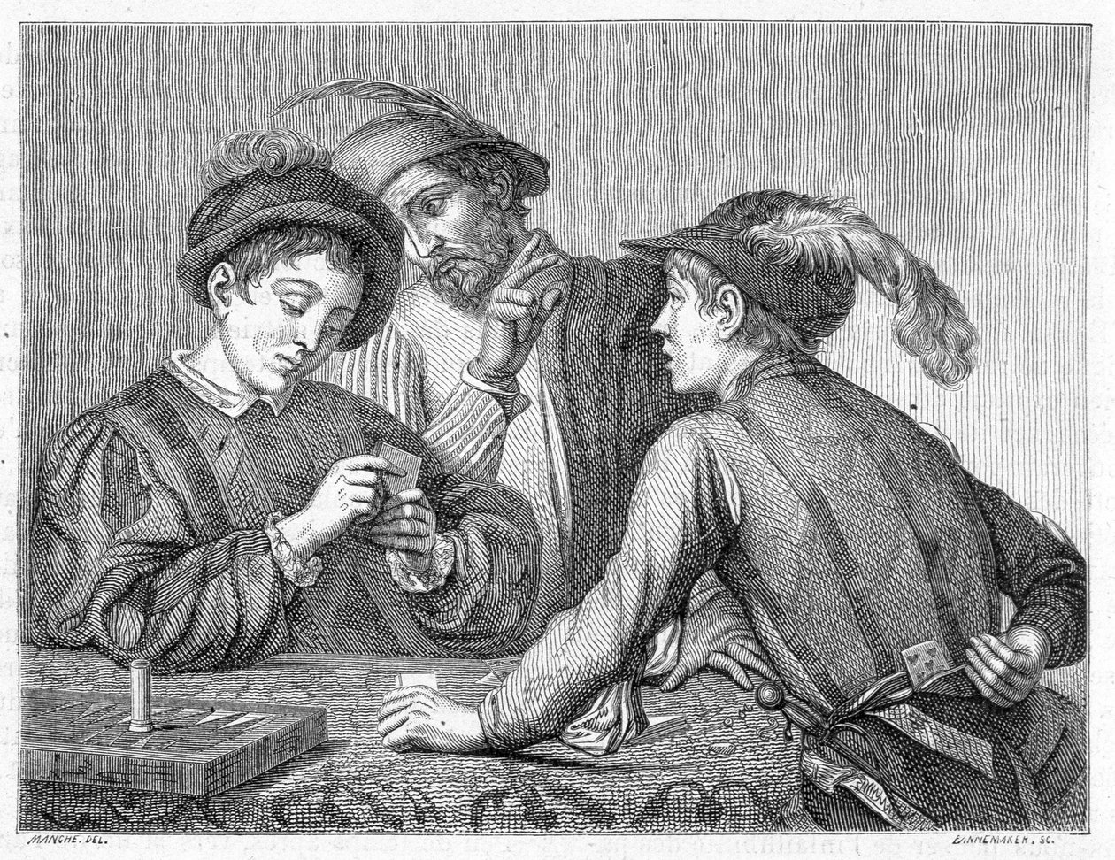 Huijarit. 1800-luvun kaiverrus, joka kuvaa Caravaggion (il Caravaggio) työtä noin 1596. tekijältä Michelangelo (after) Caravaggio