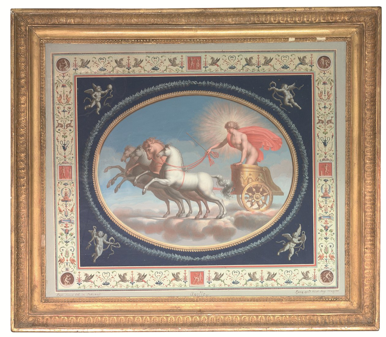 Yksi neljästä koristeellisesta taulusta, joissa Apollo, Mars, Venus ja Merkurius vaunuissa, Pompeijalaisten groteskien ympäröimänä (etsaus paperille, vartaloväri). tekijältä Michelangelo (studio of) Maestri