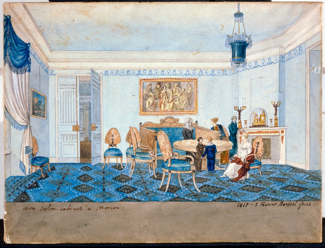 Näkymä Moskovan prinsessa Zinaida Aleksandrovna Volkonskaian (1792-1862) asunnon olohuoneesta - Michelangelo Barberin teos (aktiivinen 1800-luvun alku) tekijältä Michelangelo Barberi