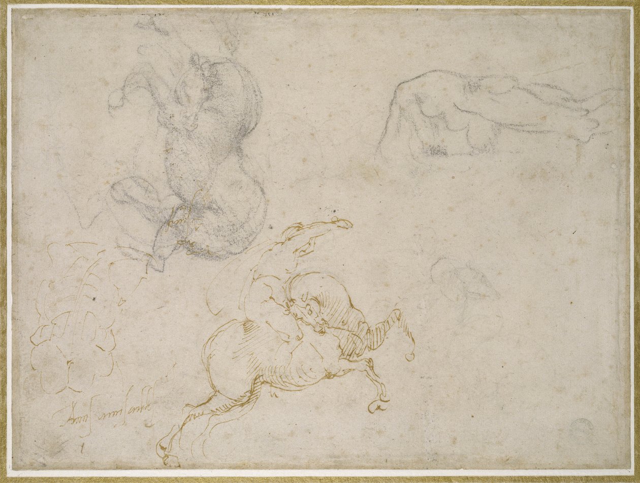 Horsemanin lataus ja muut tutkimukset (kynä ja ruskea muste mustalla liidulla ja sen päällä luonnonvalkoiselle paperille) tekijältä Michelangelo Buonarroti