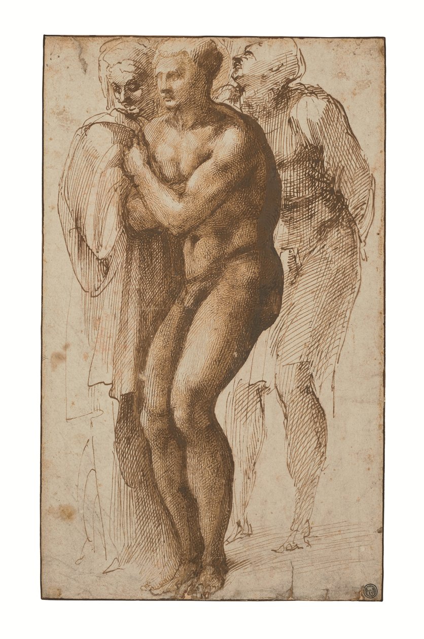 Alaston mies (Masaccion mukaan) ja kaksi hahmoa hänen takanaan (kynä ja kaksi ruskean tussin sävyä, ruskea pesu, vesileima). tekijältä Michelangelo Buonarroti