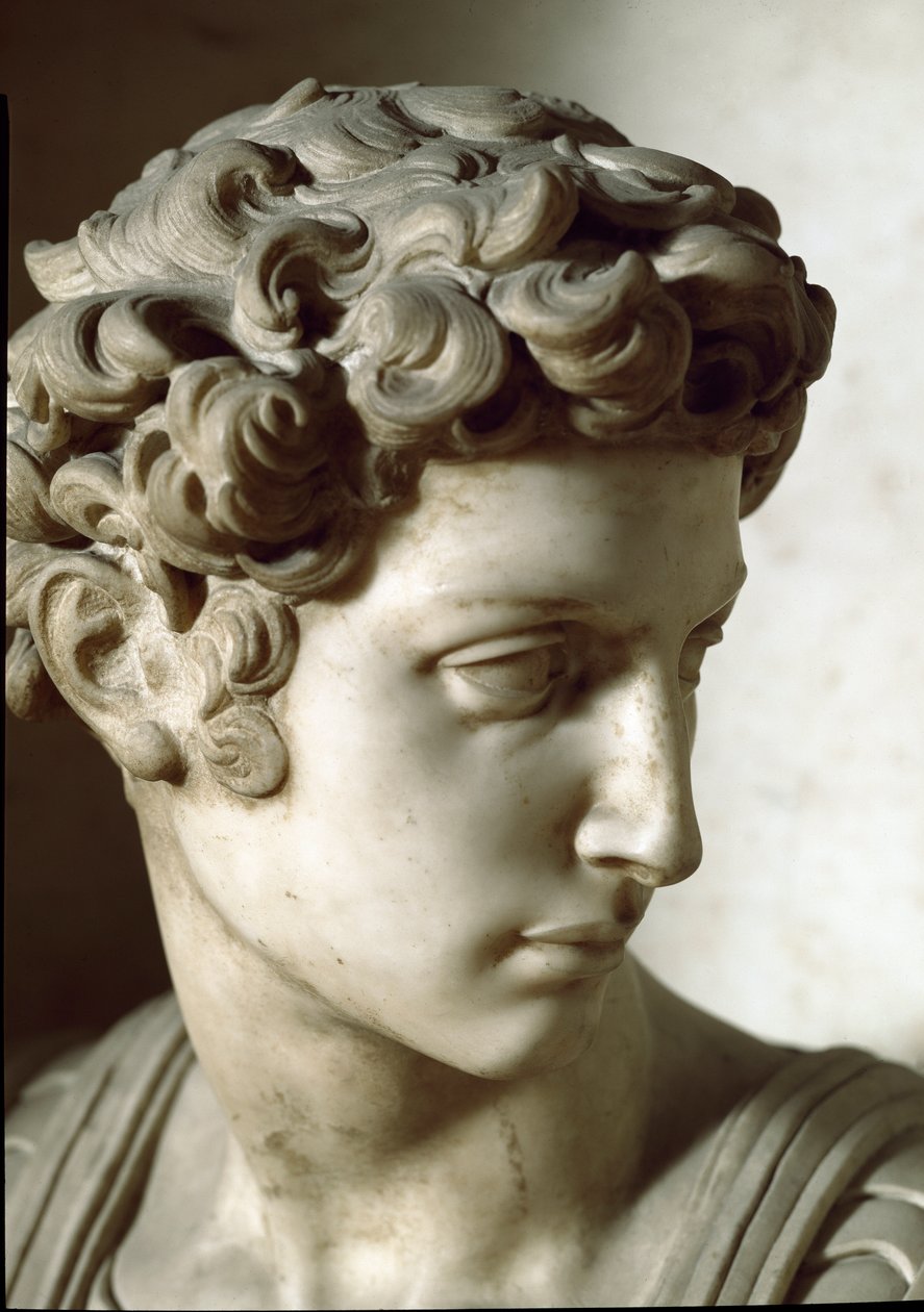 Päivän ja yön allegoria: yksityiskohta vainajasta. Giuliano de Medicin mausoleumi. Marmori veistos tekijältä Michelangelo Buonarroti