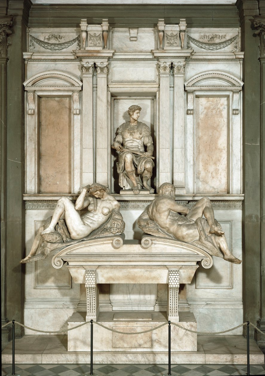 Päivän ja yön allegoria, Giuliano de Medicin mausoleumi. Marmori veistos tekijältä Michelangelo Buonarroti