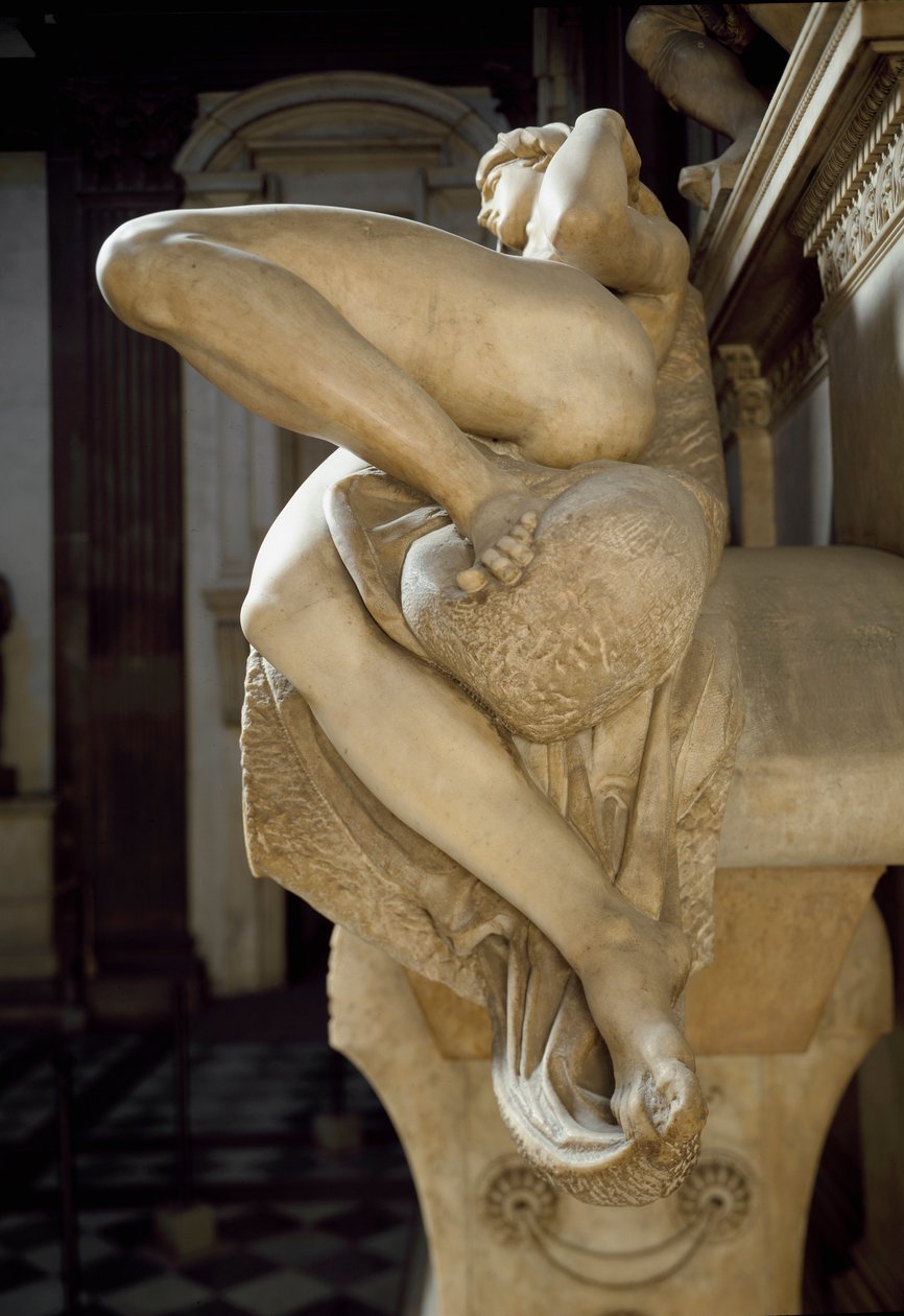 Auroran allegoria. Mediciksen Laurent II:n hauta. Marmoriveistos 1531 tekijältä Michelangelo Buonarroti