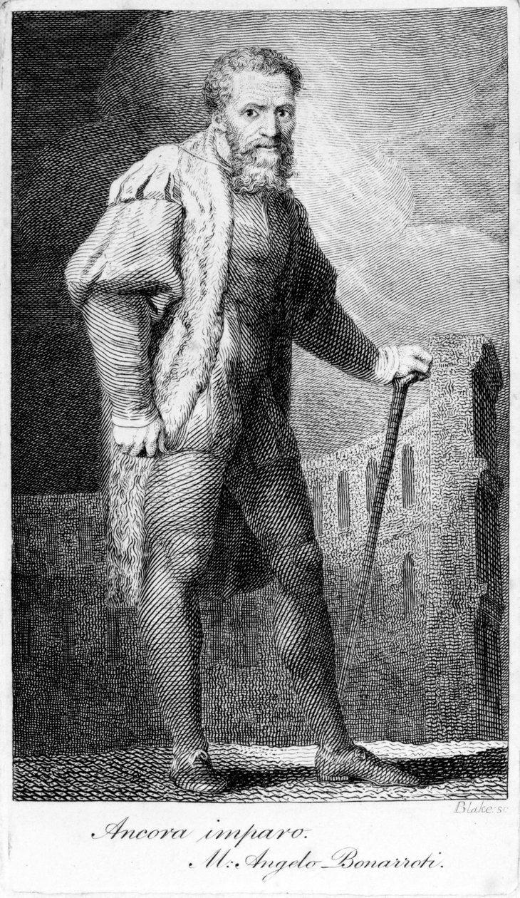 Ancora imparo, kaiverrettu William Blake, kuvitus Henry Fuselin teoksesta "Lectures on Painting", julkaistu 1801 tekijältä Michelangelo Buonarroti