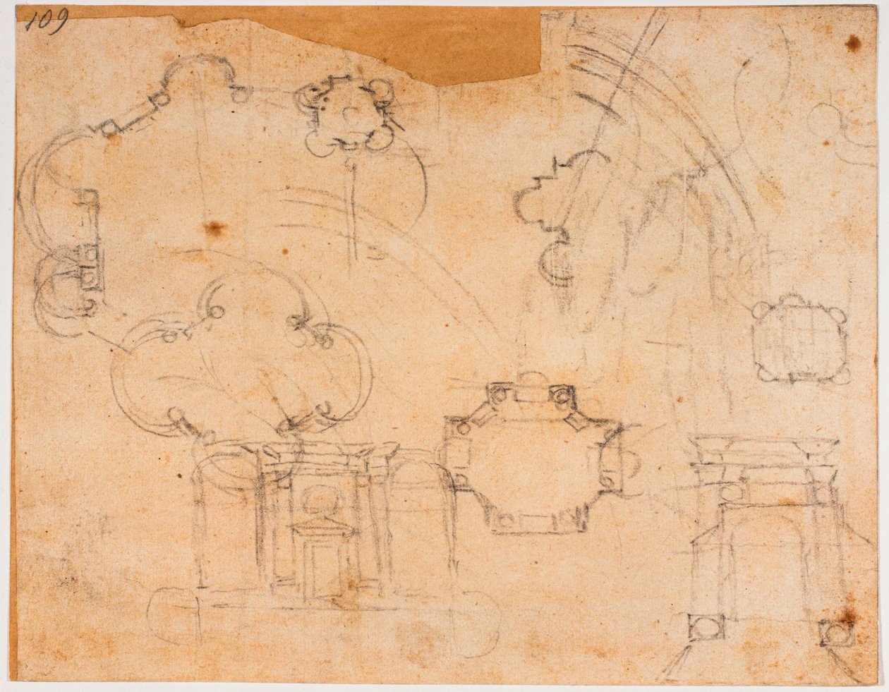 Sforzan kappelin rakennussuunnitelmat, korkeusnäkymät ja kupolin luonnokset. tekijältä Michelangelo Buonarroti