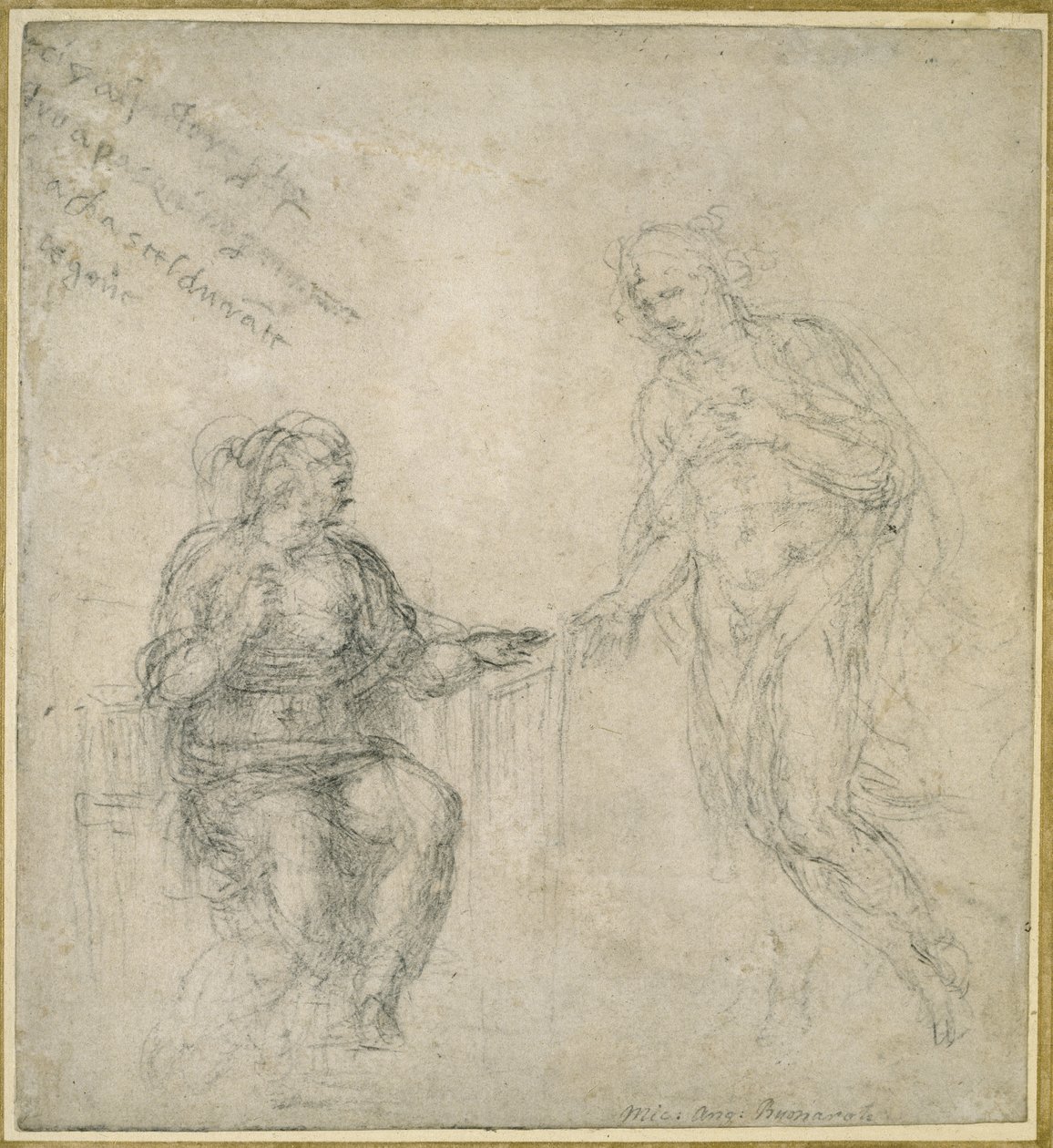 Kristus hyvästelee äitinsä ylösnousemuksen jälkeen (musta liitu luonnonvalkoiselle paperille). tekijältä Michelangelo Buonarroti