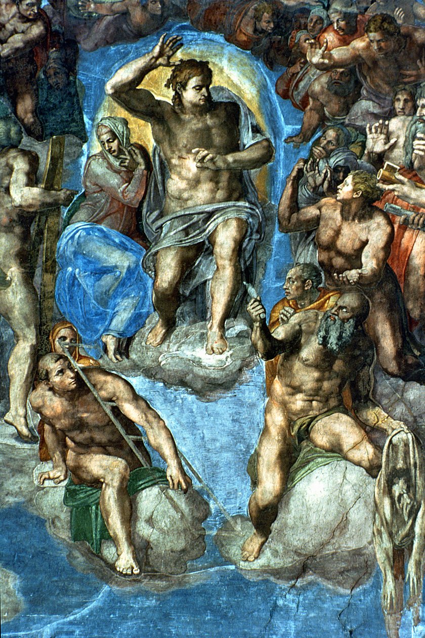 Kristus, yksityiskohta "Viimeisestä tuomiosta" Sikstuksen kappelissa, 1500-luvulla, omakuva Michelangelosta pyhänä Bartolomeuksena nyljettyä ihoa pitelemässä tekijältä Michelangelo Buonarroti
